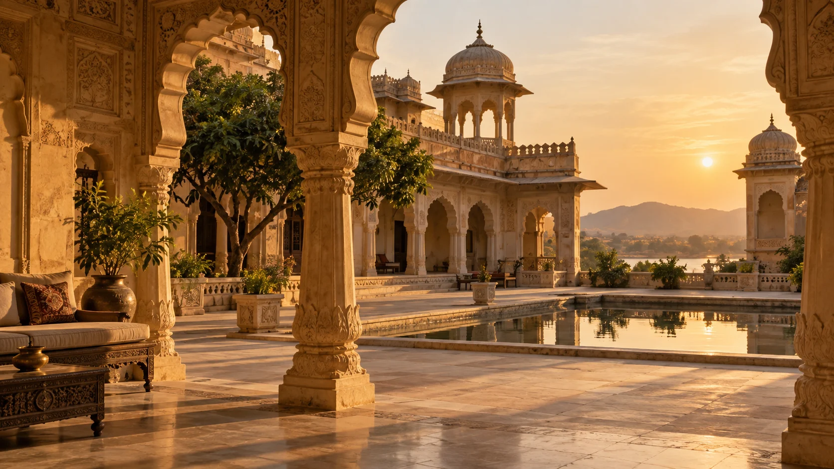 Illustrative golden sandstone palace arches and courtyard